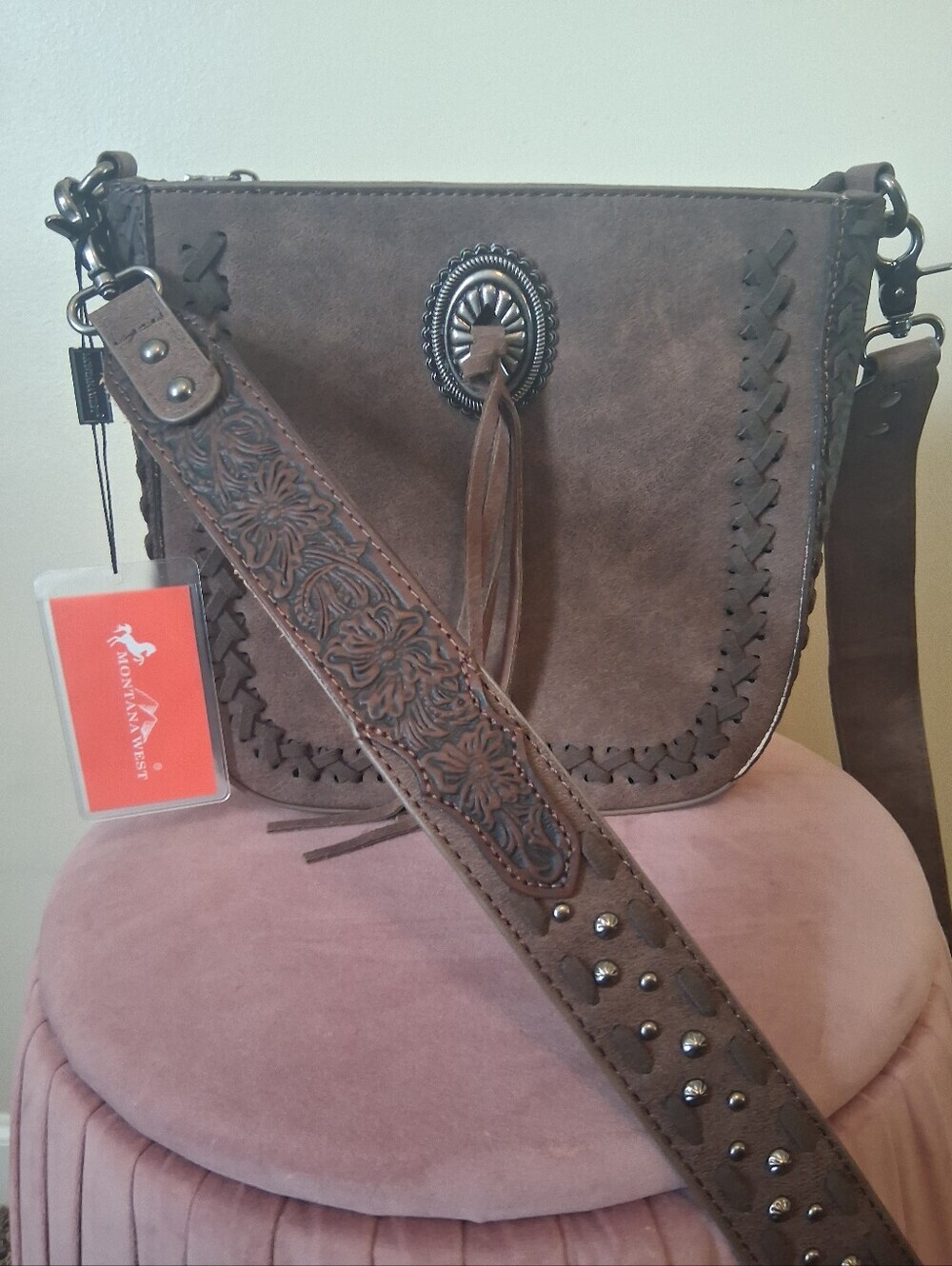 Montana West Tooled Whipstitch Coffee Crossbody Bag - Picture 3 of 11